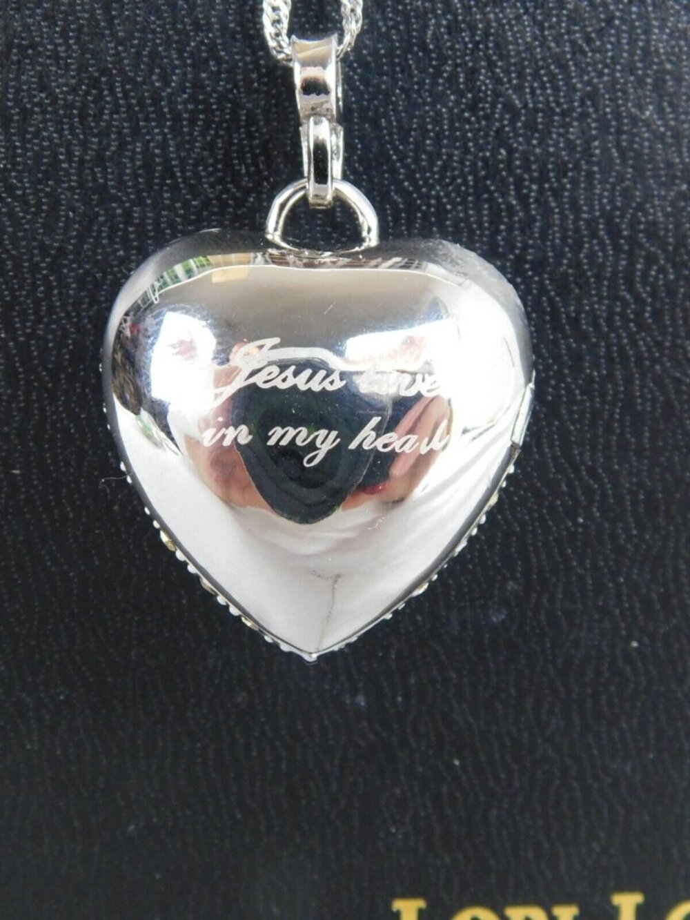 Rhinestone Heart Locket Necklace Earring Set Silver Tone Jesus Lives in My Heart - Picture 7 of 9